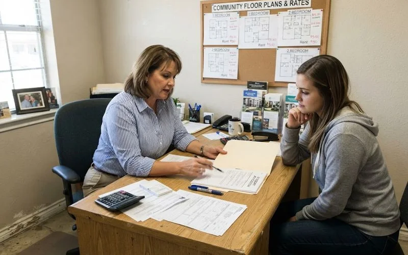 A leasing office with paperwork and a sign for affordable housing applications