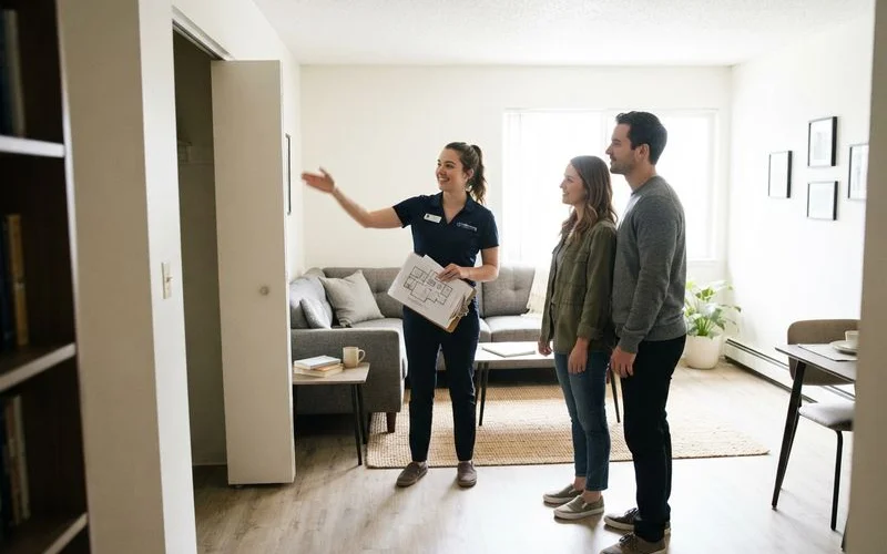 A leasing agent showing an apartment unit interior to a prospective renter during a tour