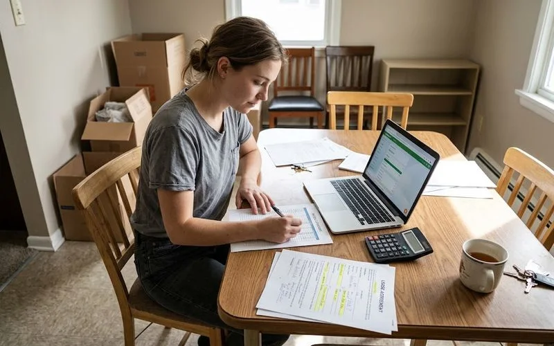A calculator and lease paperwork on a table representing apartment move-in budgeting