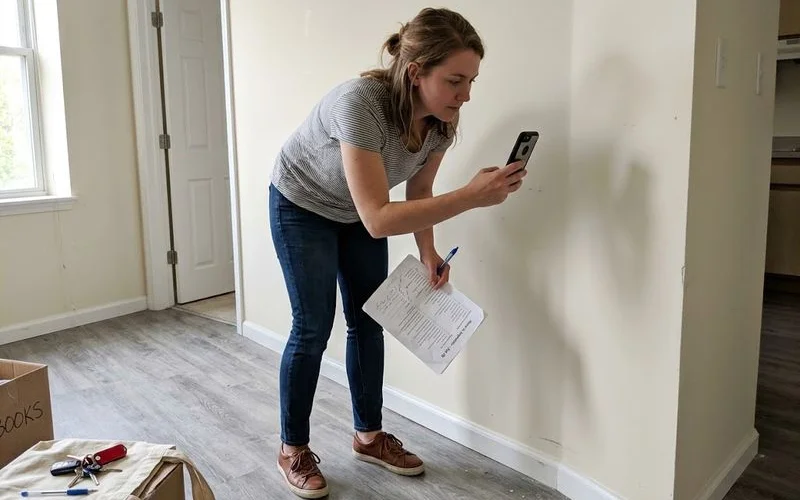 A renter photographing an apartment unit's condition with a phone during move-in inspection
