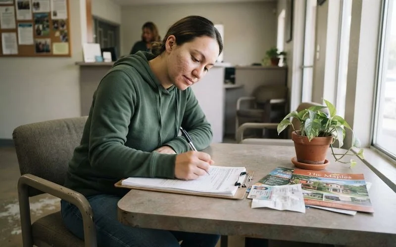 A person filling out an apartment rental application form with a pen at a desk