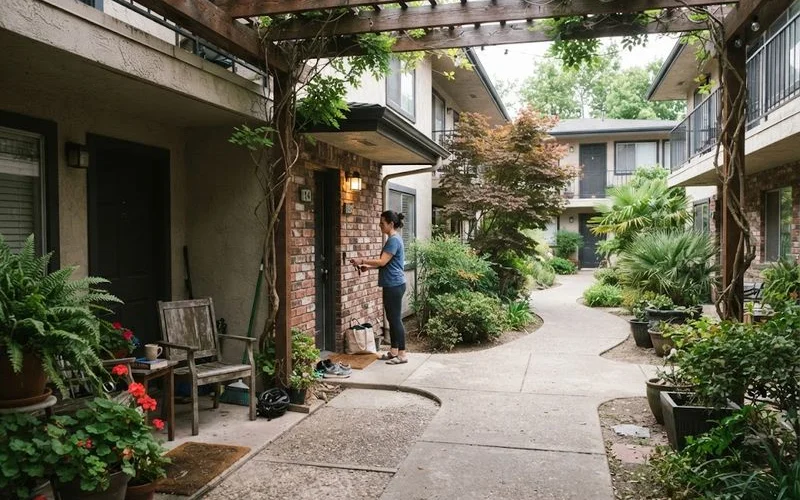 A ground-floor apartment entrance in a garden-style community with a courtyard and walking path