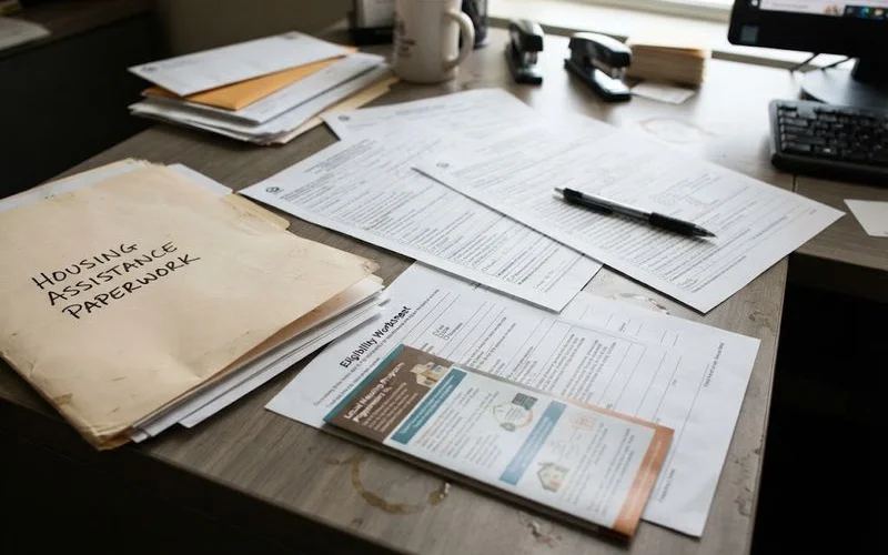 A person reviewing housing voucher paperwork with a case worker at an office desk