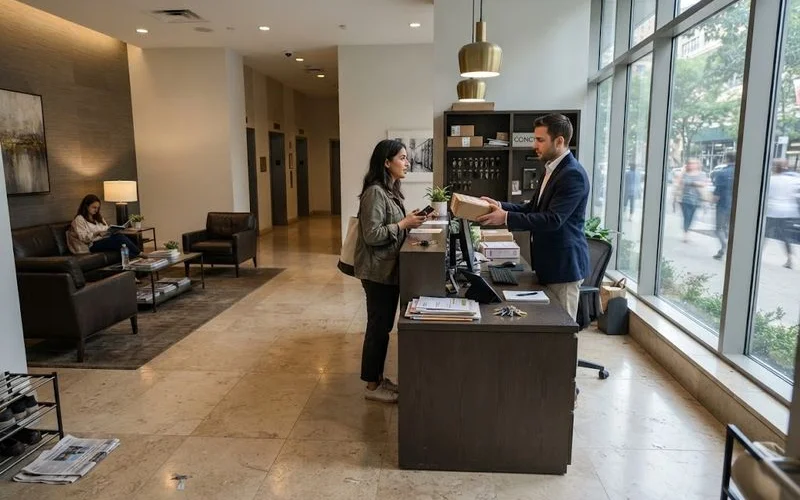 A modern luxury high-rise apartment lobby with concierge desk and elevators in a Dallas building