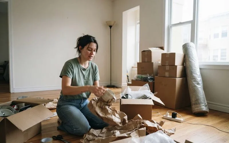 A young renter unpacking boxes in a new first apartment in Dallas