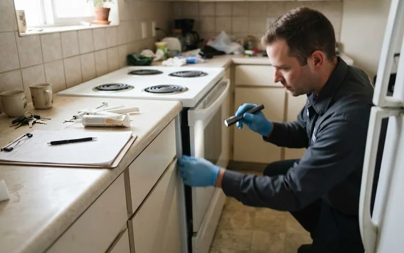 A pest control technician inspecting an apartment kitchen for signs of pest activity