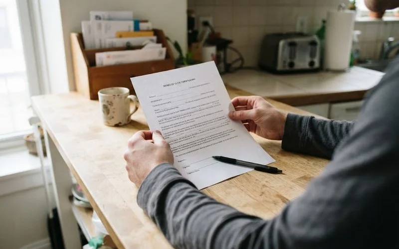 A tenant reviewing a lease termination notice and paperwork at home