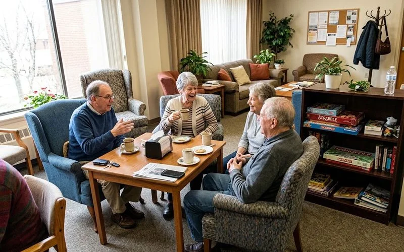 Residents socializing in a community room at a senior apartment complex