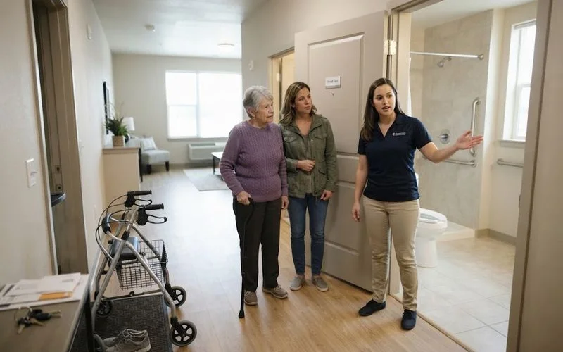 An adult child and older parent touring a senior living apartment community together