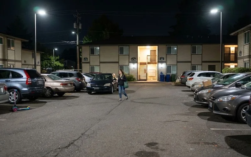 A well-lit apartment parking area at night with visible security lighting and a gated entrance